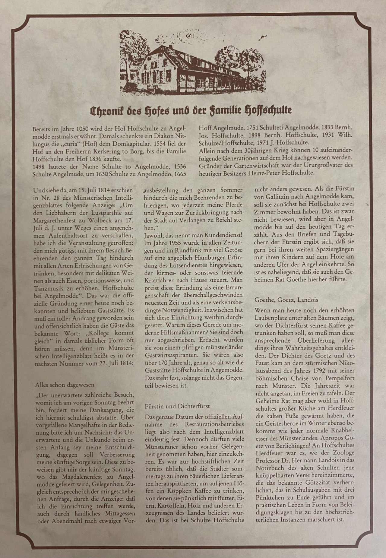 Historische Chronik-Tafel: Chronik des Hofes und der Familie Hoffschulte - Erwähnungen ab 1050, Erbfolge der Schultenfamilie, Anekdote zu Fürstin Gallitzin und Goethe