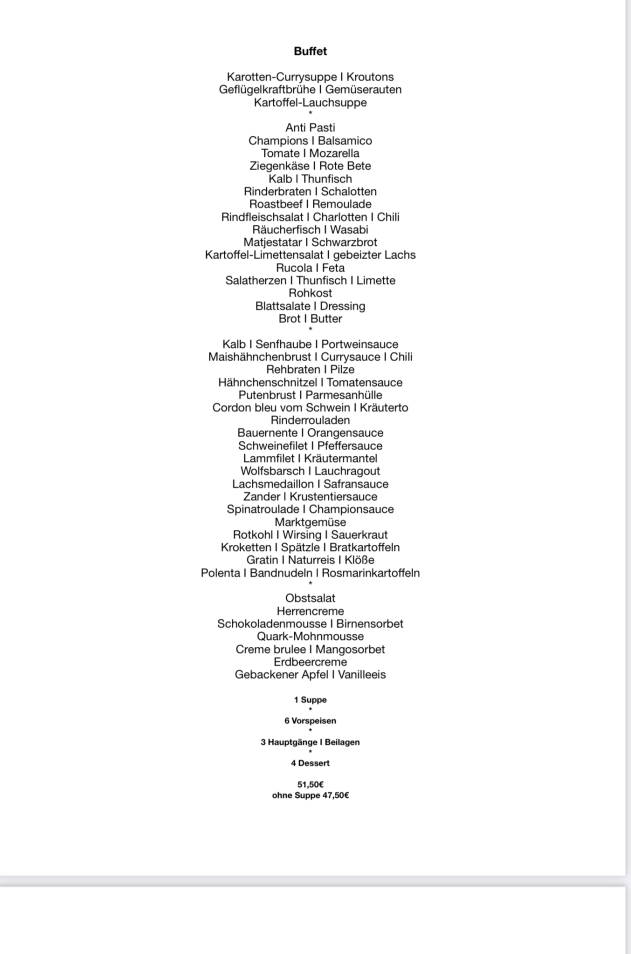 Buffet-Karte Hoffschulte mit Karotten-Currysuppe, Anti Pasti, Rinderbraten und weiteren Speisen
