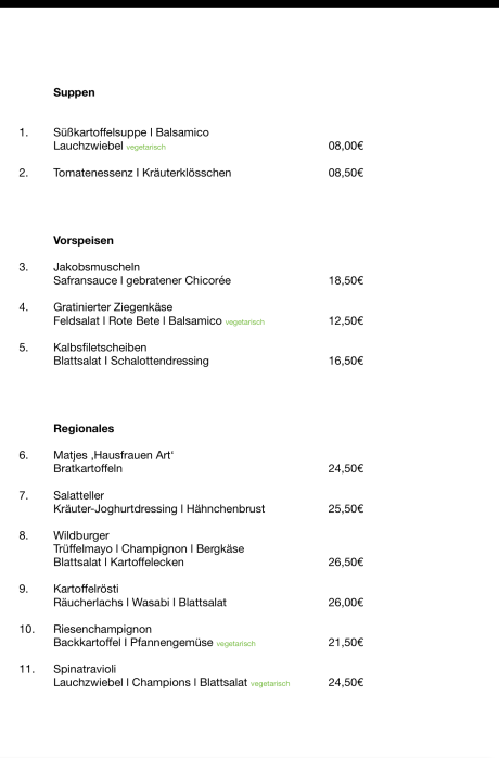 Speisekarte Hoffschulte - Suppen, Vorspeisen und Regionales mit Preisen