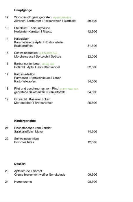 Speisekarte Hoffschulte - Hauptgänge, Kindergerichte, Dessert mit Preisen