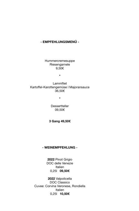 Empfehlungsmenü und Weinempfehlung des Hauses Hoffschulte